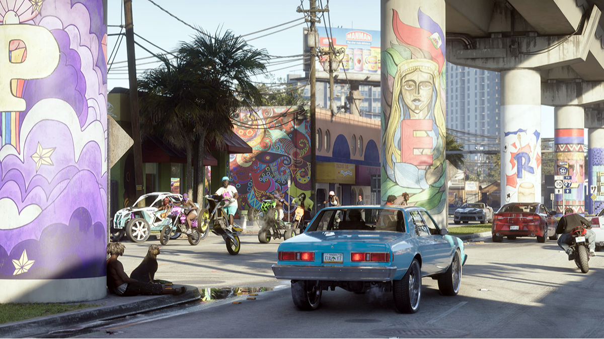 Vice City underpass with cars, bikes and mural pillars