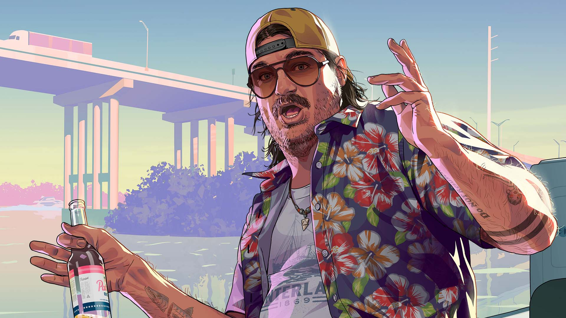 Character in a floral shirt posing near overpass
